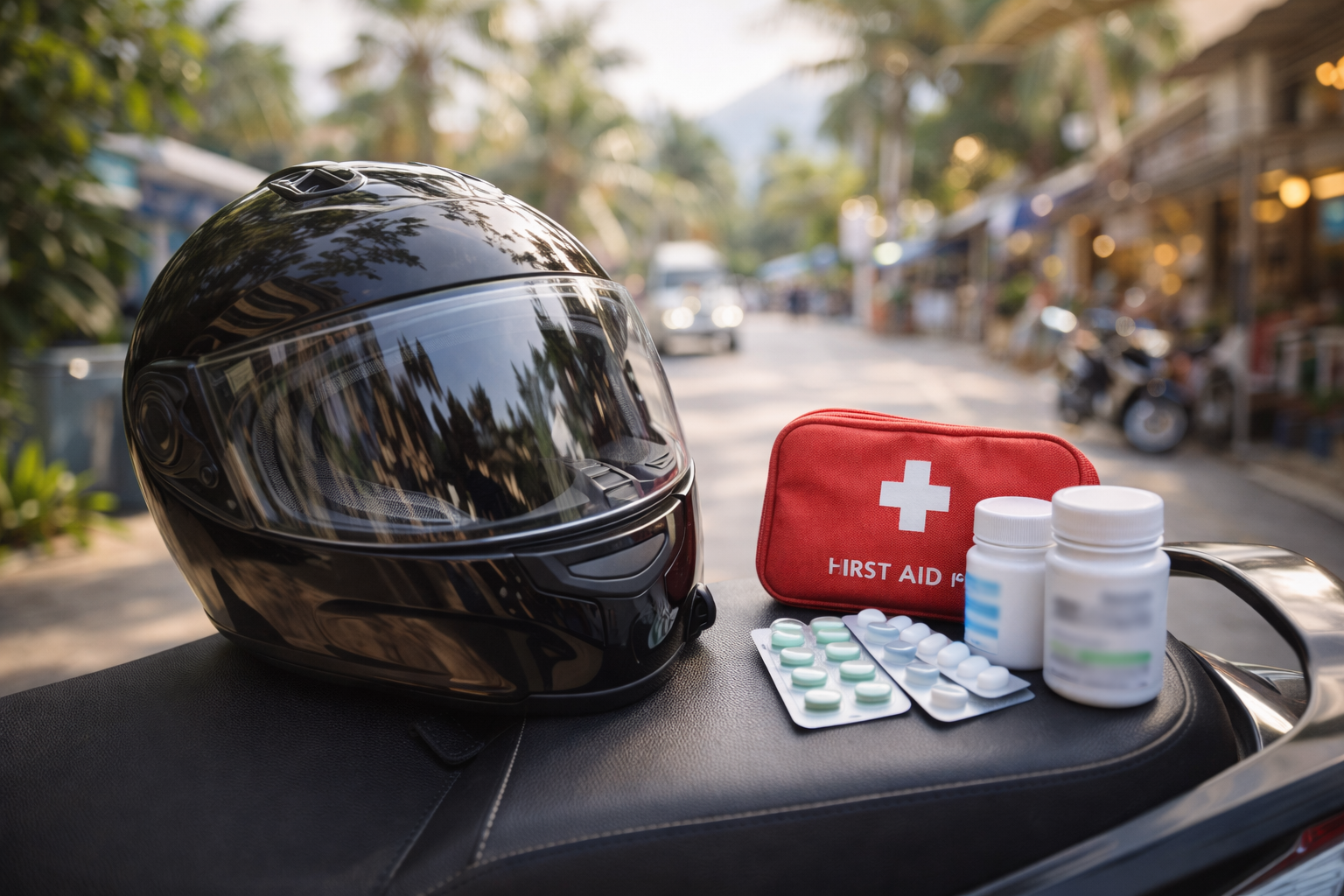 Scooter helmet and medical kit